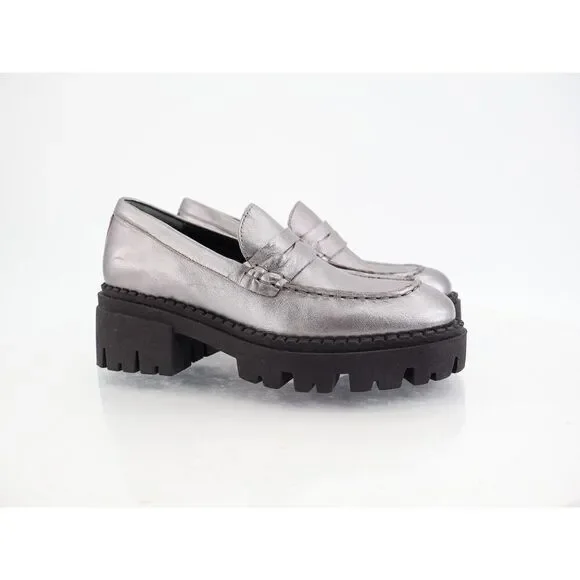 Free People Womens Lyra Lug Sole Penny Loafers Chunky Silver Leather 36 6 - Picture 1 of 14